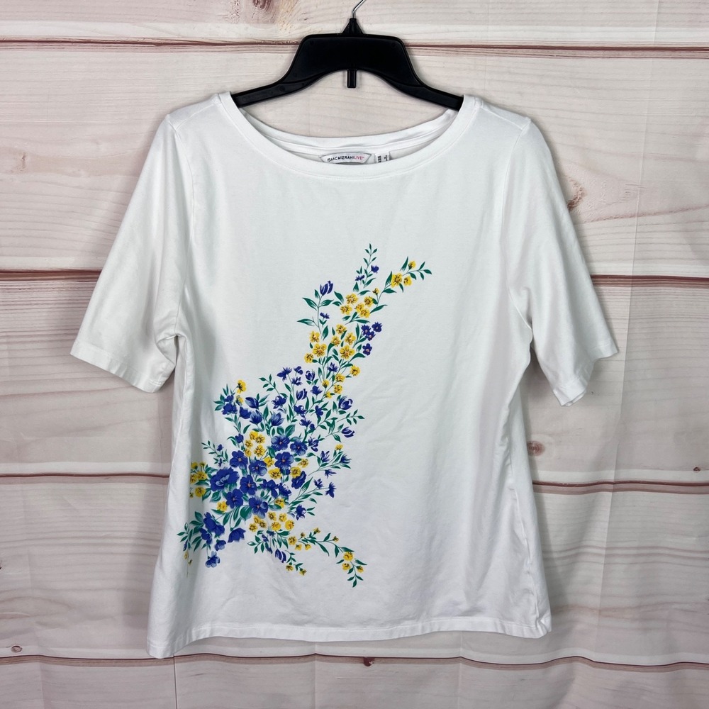 Isaac Mizrahi Live Top Womens‎ Large White Floral Graphic T-Shirt Boat Neck Knit